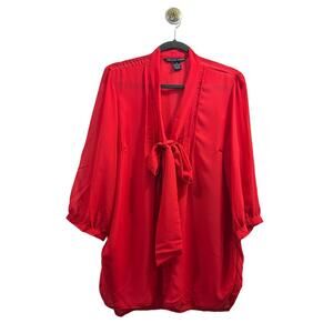 Antilia Femme Blouse Women Plus Size 1X Red Deep V Tie-Neck 3/4 Sleeve Sheer Top